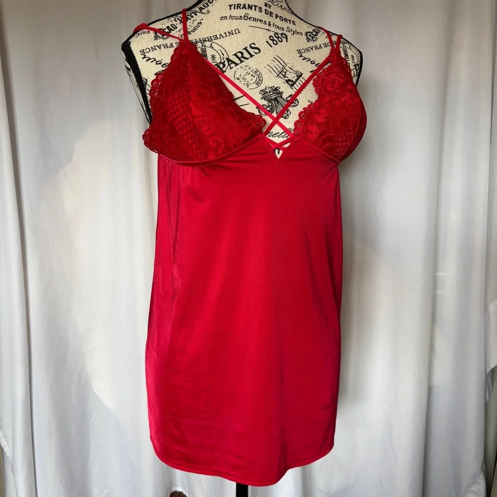 La SENZA Red Chemise with Satin Sheen Lace Detail Criss-Cross Nightwear - Picture 3 of 9
